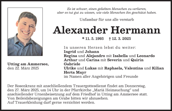 Traueranzeige von Alexander Hermann von Landsberger Tagblatt
