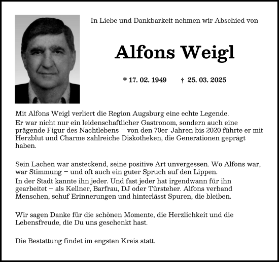 Traueranzeige von Alfons Weigl von Donau Zeitung, Augsburger Allgemeine