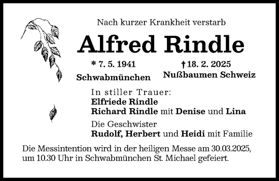Traueranzeige von Alfred Rindle von Schwabmünchner Allgemeine