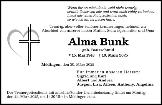 Traueranzeige von Alma Bunk von Donau Zeitung