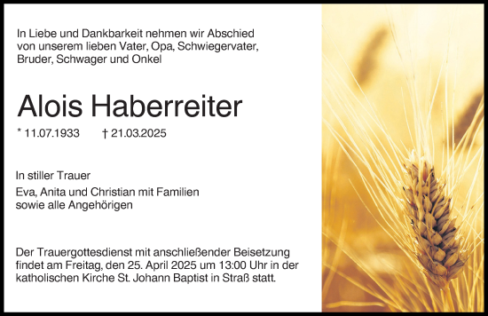 Traueranzeige von Alois Haberreiter von Augsburger Allgemeine, Neu-Ulmer Zeitung