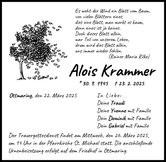Traueranzeige von Alois Krammer von Friedberger Allgemeine