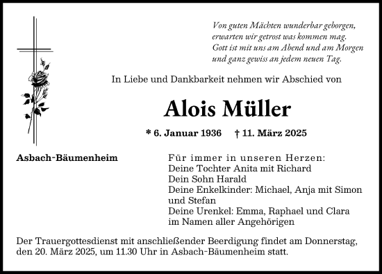Traueranzeige von Alois Müller von Donauwörther Zeitung