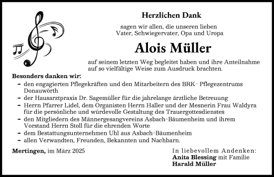 Traueranzeige von Alois Müller von Donauwörther Zeitung