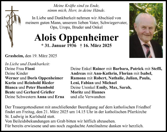 Traueranzeige von Alois Oppenheimer von Neuburger Rundschau