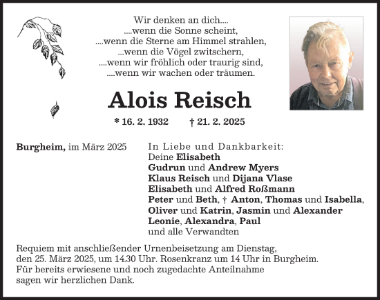 Traueranzeige von Alois Reisch von Neuburger Rundschau