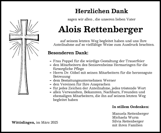Traueranzeige von Alois Rettenberger von Donau Zeitung