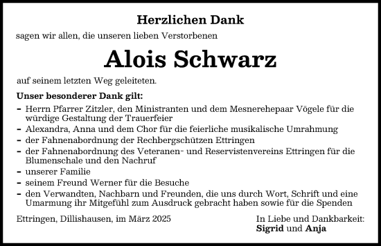 Traueranzeige von Alois Schwarz von Mindelheimer Zeitung