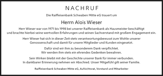 Traueranzeige von Alois Wieser von Mittelschwäbische Nachrichten