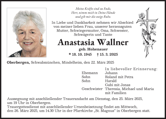 Traueranzeige von Anastasia Wallner von Landsberger Tagblatt