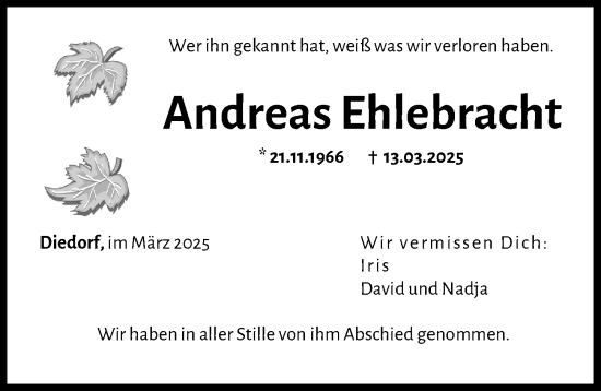 Traueranzeige von Andreas Ehlebracht von Augsburger Allgemeine