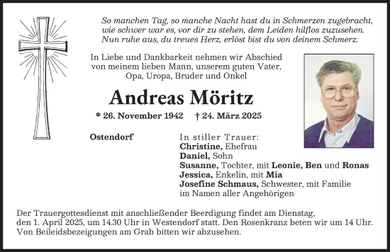 Traueranzeige von Andreas Möritz von Aichacher Nachrichten, Augsburg-Land