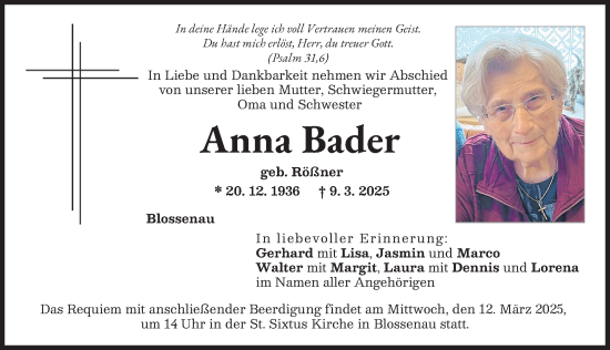 Traueranzeige von Anna Bader von Donauwörther Zeitung