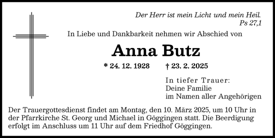 Traueranzeige von Anna Butz von Augsburger Allgemeine