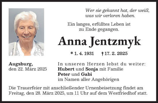 Traueranzeige von Anna Jentzmyk von Aichacher Nachrichten