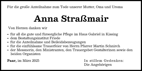 Traueranzeige von Anna Straßmair von Friedberger Allgemeine