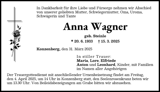Traueranzeige von Anna Wagner von Günzburger Zeitung