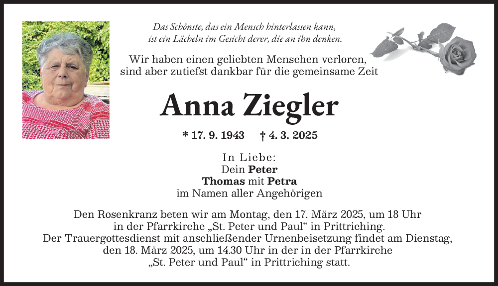  Traueranzeige für Anna Ziegler vom 11.03.2025 aus Landsberger Tagblatt