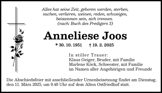 Traueranzeige von Anneliese Joos von Augsburger Allgemeine