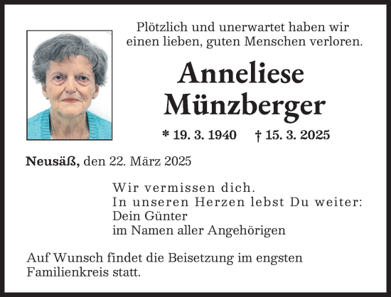 Traueranzeige von Anneliese Münzberger von Augsburger Allgemeine