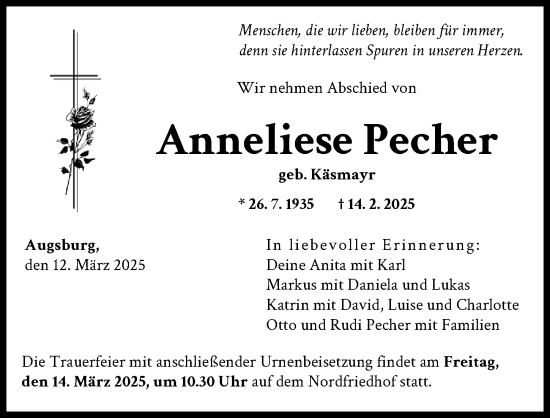 Traueranzeige von Anneliese Pecher von Augsburger Allgemeine