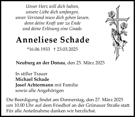Traueranzeige von Anneliese Schade von Neuburger Rundschau
