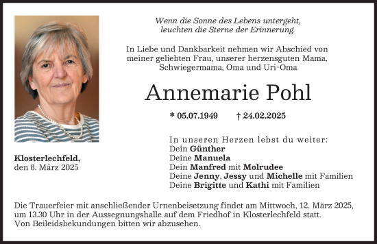 Traueranzeige von Annemarie Pohl von Schwabmünchner Allgemeine