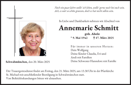 Traueranzeige von Annemarie Schmitt von Schwabmünchner Allgemeine