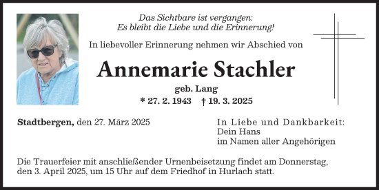 Traueranzeige von Annemarie Stachler von Augsburger Allgemeine