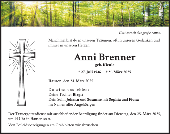 Traueranzeige von Anni Brenner von Donau Zeitung