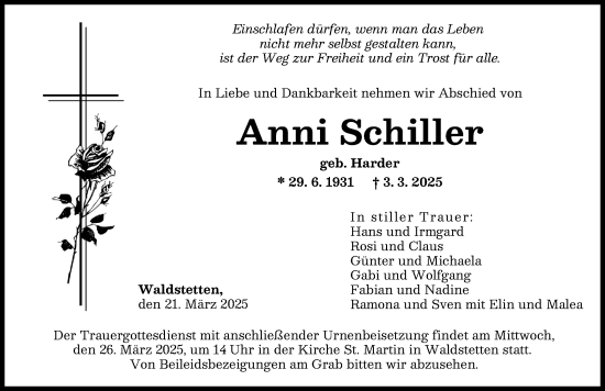 Traueranzeige von Anni Schiller von Günzburger Zeitung