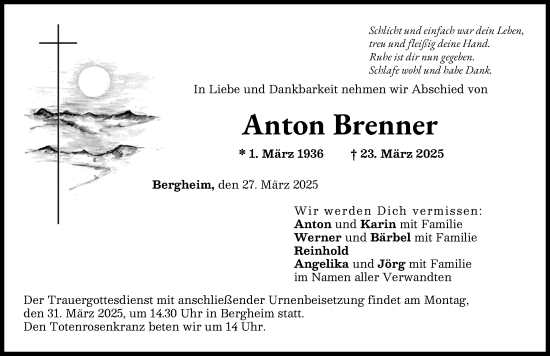 Traueranzeige von Anton Brenner von Donau Zeitung