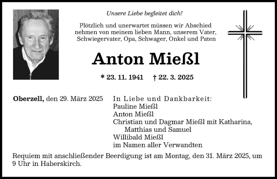Traueranzeige von Anton Mießl von Friedberger Allgemeine