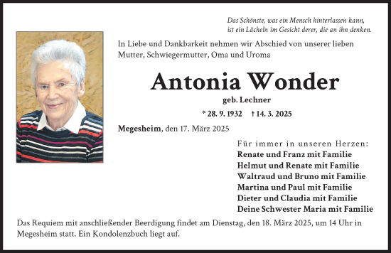 Traueranzeige von Antonia Wonder von Rieser Nachrichten