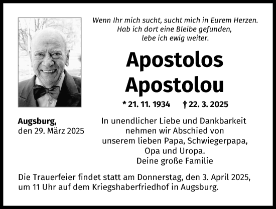 Traueranzeige von Apostolos Apostolou von Augsburger Allgemeine
