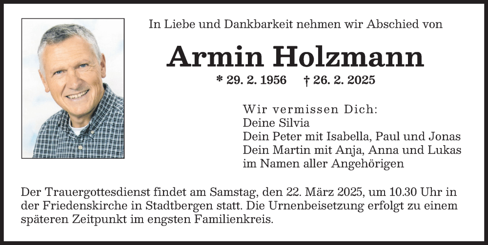  Traueranzeige für Armin Holzmann vom 08.03.2025 aus Augsburger Allgemeine