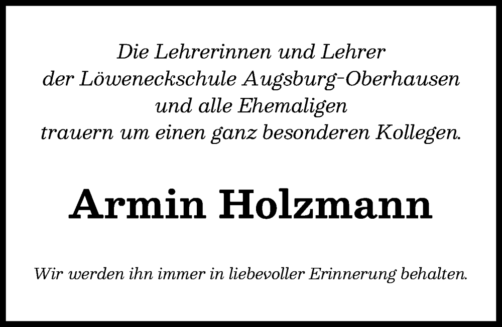  Traueranzeige für Armin Holzmann vom 15.03.2025 aus Augsburger Allgemeine