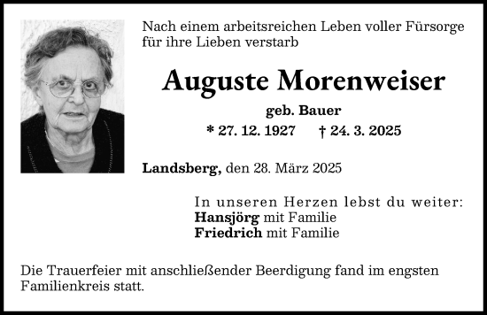 Traueranzeige von Auguste Morenweiser von Landsberger Tagblatt