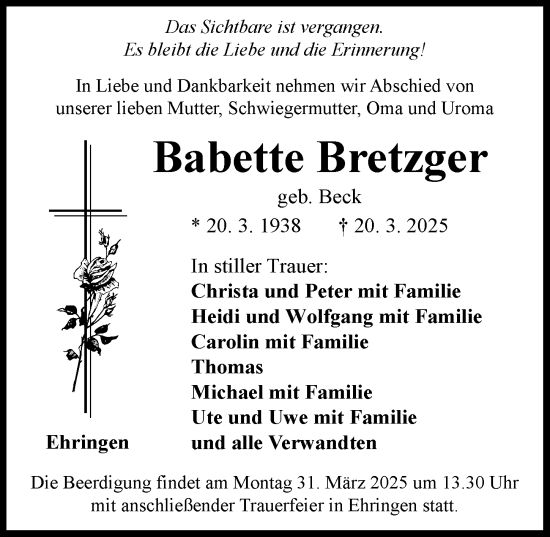 Traueranzeige von Babette Bretzger von Rieser Nachrichten