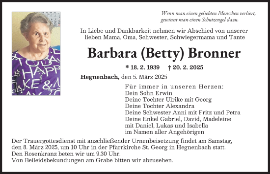 Traueranzeige von Barbara  Bronner von Augsburger Allgemeine