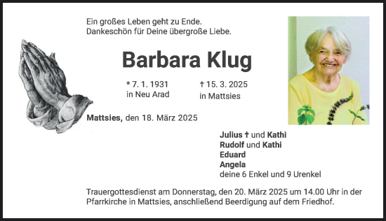 Traueranzeige von Barbara Klug von Mindelheimer Zeitung