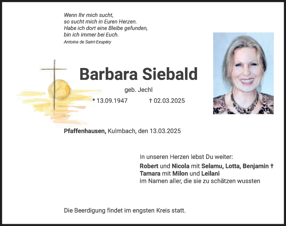  Traueranzeige für Barbara Siebald vom 13.03.2025 aus Mittelschwäbische Nachrichten, Mindelheimer Zeitung