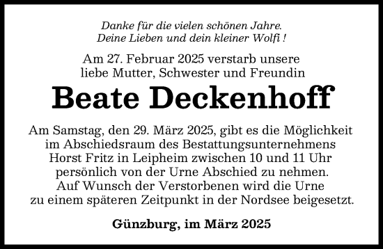 Traueranzeige von Beate Deckenhoff von Günzburger Zeitung