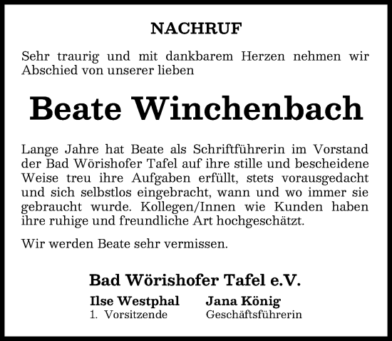Traueranzeige von Beate Winchenbach von Mindelheimer Zeitung