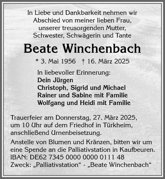 Traueranzeige von Beate Winchenbach von Mindelheimer Zeitung