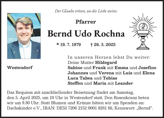 Traueranzeige von Bernd Udo Rochna von Donauwörther Zeitung, Augsburger Allgemeine
