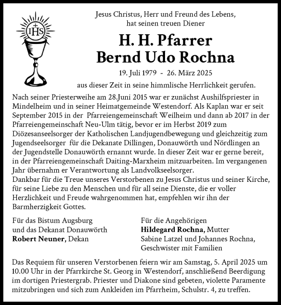 Traueranzeige von Bernd Udo Rochna von Augsburger Allgemeine