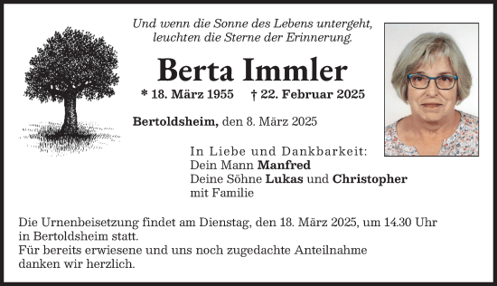 Traueranzeige von Berta Immler von Neuburger Rundschau