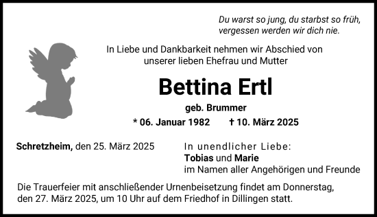 Traueranzeige von Bettina Ertl von Wertinger Zeitung, Donau Zeitung