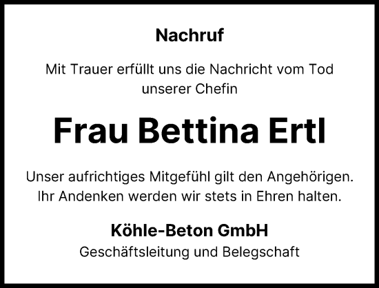 Traueranzeige von Bettina Ertl von Wertinger Zeitung, Donau Zeitung